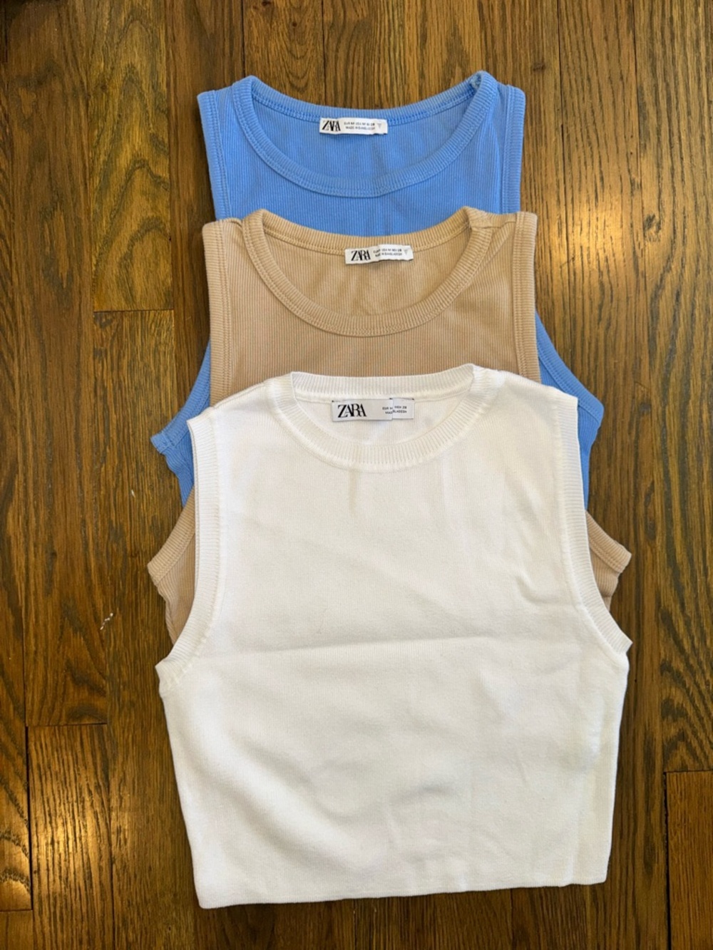 Zara Women’s Sleeveless Ribbed Tank Trio — White, Beige, Light Blue